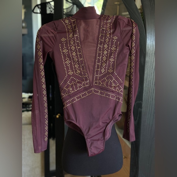 🎆Weissman Studded Dance Leotard in Raisin (Burgundy/Maroon) w Open Back - Picture 3 of 8